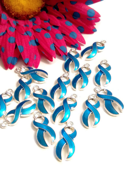 Blue Enamel Awareness Ribbon Pendant Charms - Hope Cancer Jewelry Colon Prostate Cancer Child Abuse Arthritis Men’s Health Alopecia