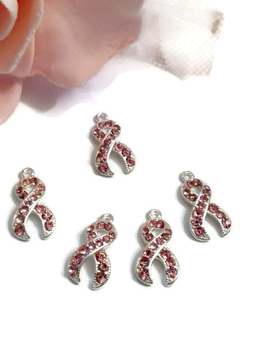 Pink Crystal Breast Cancer Ribbon Charms - Rhinestone