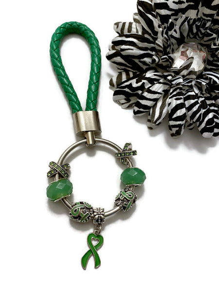 1Pc Green Awareness Bead Dangle Keychain Ring - Lyme Disease Liver Cancer Kidney Disease Cerebral Palsy Bipolar Depression Awareness