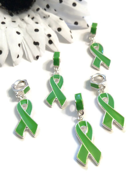 Green Awareness Ribbon Pendant Dangle Charms - Lyme Disease Liver Cancer Kidney Disease Cerebral Palsy Bipolar Disorder Depression Awareness