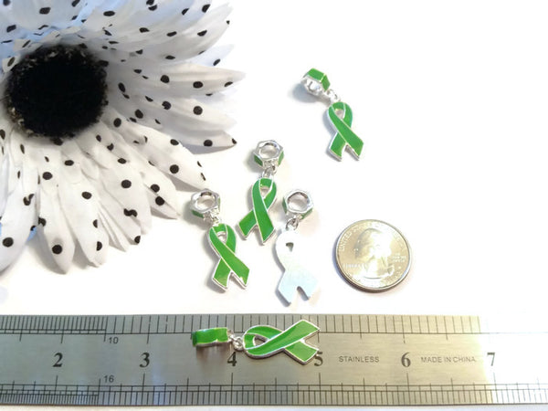 Green Awareness Ribbon Pendant Dangle Charms - Lyme Disease Liver Cancer Kidney Disease Cerebral Palsy Bipolar Disorder Depression Awareness