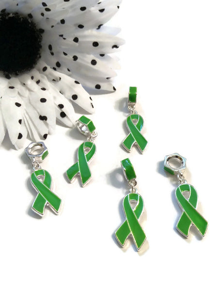 Green Awareness Ribbon Pendant Dangle Charms - Lyme Disease Liver Cancer Kidney Disease Cerebral Palsy Bipolar Disorder Depression Awareness