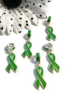 Green Awareness Ribbon Pendant Dangle Charms - Lyme Disease Liver Cancer Kidney Disease Cerebral Palsy Bipolar Disorder Depression Awareness