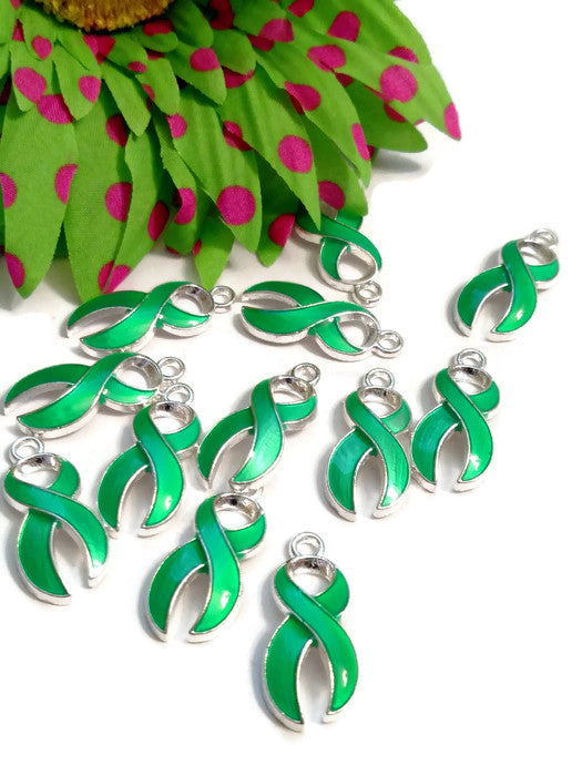 Green Awareness Ribbon Pendant Charms - Lyme Disease Liver Cancer Kidney Disease Cerebral Palsy Bipolar Disorder Depression Awareness Cure