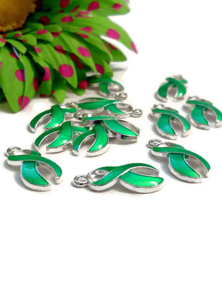 Green Awareness Ribbon Pendant Charms - Lyme Disease Liver Cancer Kidney Disease Cerebral Palsy Bipolar Disorder Depression Awareness Cure