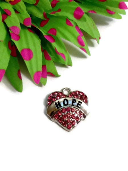 Pink Hope Crystal Heart Pendant Charm - Rhinestone Cancer Survivor Support Cure Fight Believe Awareness DIY Jewelry Bling Heart Charm