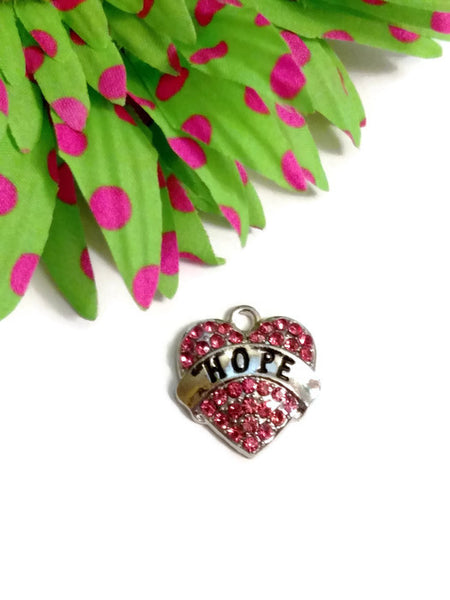 Pink Hope Crystal Heart Pendant Charm - Rhinestone Cancer Survivor Support Cure Fight Believe Awareness DIY Jewelry Bling Heart Charm