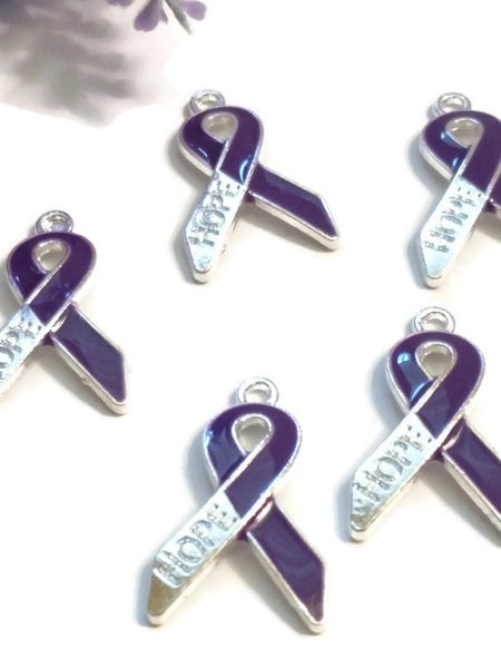 Purple Enamel Hope Awareness Ribbon Pendant Charms - Alzheimer's Dementia Lupus Epilepsy Pancreatic Cancer Fibromyalgia Hodgkin's Lymphoma