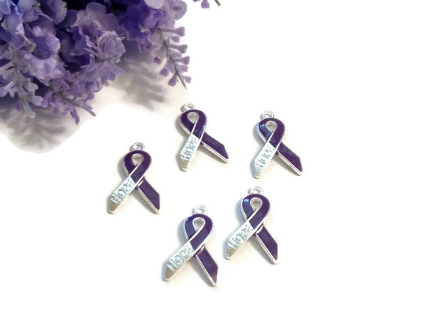 Purple Enamel Hope Awareness Ribbon Pendant Charms - Alzheimer's Dementia Lupus Epilepsy Pancreatic Cancer Fibromyalgia Hodgkin's Lymphoma