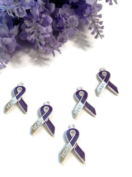 Purple Enamel Hope Awareness Ribbon Pendant Charms - Alzheimer's Dementia Lupus Epilepsy Pancreatic Cancer Fibromyalgia Hodgkin's Lymphoma