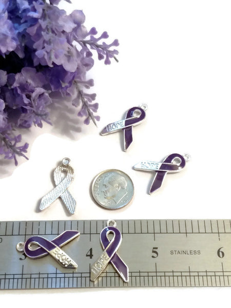 Purple Enamel Hope Awareness Ribbon Pendant Charms - Alzheimer's Dementia Lupus Epilepsy Pancreatic Cancer Fibromyalgia Hodgkin's Lymphoma