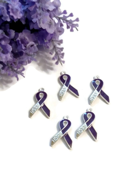 Purple Enamel Hope Awareness Ribbon Pendant Charms - Alzheimer's Dementia Lupus Epilepsy Pancreatic Cancer Fibromyalgia Hodgkin's Lymphoma