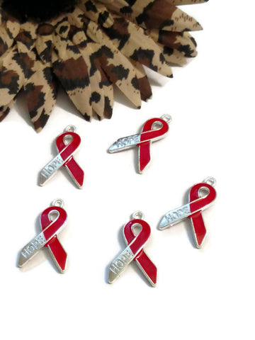 Red Enamel Hope Awareness Ribbon Pendant Charms - Heart Disease CHF Stroke HIV/AIDS Substance Abuse M.A.D.D. Hope Cancer Cure Support