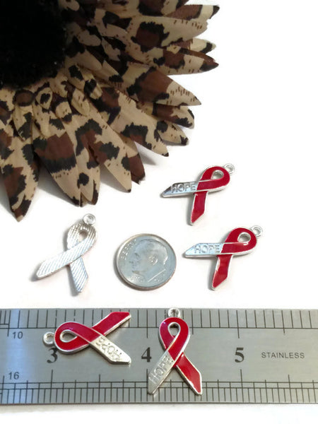 Red Enamel Hope Awareness Ribbon Pendant Charms - Heart Disease CHF Stroke HIV/AIDS Substance Abuse M.A.D.D. Hope Cancer Cure Support