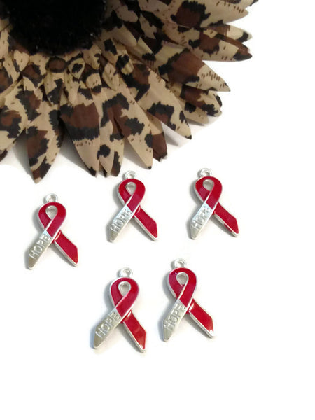 Red Enamel Hope Awareness Ribbon Pendant Charms - Heart Disease CHF Stroke HIV/AIDS Substance Abuse M.A.D.D. Hope Cancer Cure Support