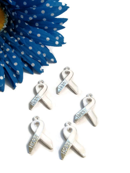 White Enamel Hope Awareness Ribbon Pendant Charms - Cancer Support Adoption Lung Blindness Bone Child Abuse Osteoporosis Holocaust Scoliosis