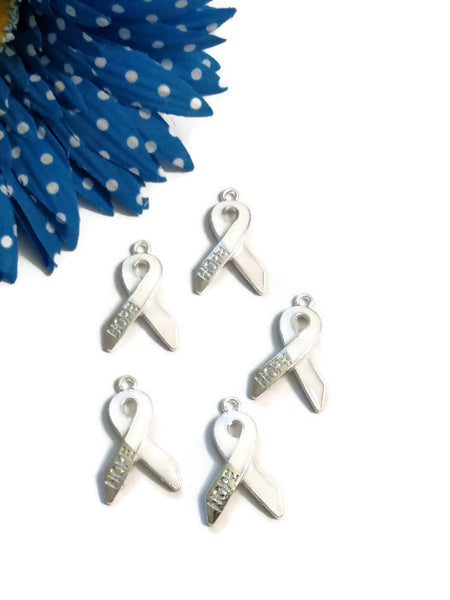 White Enamel Hope Awareness Ribbon Pendant Charms - Cancer Support Adoption Lung Blindness Bone Child Abuse Osteoporosis Holocaust Scoliosis