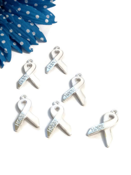 White Enamel Hope Awareness Ribbon Pendant Charms - Cancer Support Adoption Lung Blindness Bone Child Abuse Osteoporosis Holocaust Scoliosis