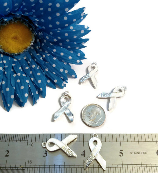 White Enamel Hope Awareness Ribbon Pendant Charms - Cancer Support Adoption Lung Blindness Bone Child Abuse Osteoporosis Holocaust Scoliosis