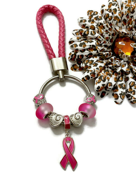 1 Pc Hot Pink Awareness Bead Dangle Keychain Ring - Breast Cancer Cleft Lip Palate Inflammatory Breast Cancer Hope Survivor Support Cure