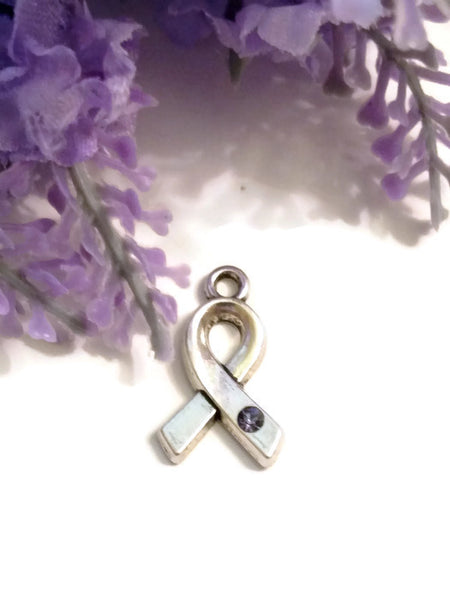 Lavender Crystal Awareness Ribbon Charms 5Pc - Alzheimer's Dementia Lupus Epilepsy Pancreatic Cancer Fibromyalgia Hodgkin's Lymphoma Purple