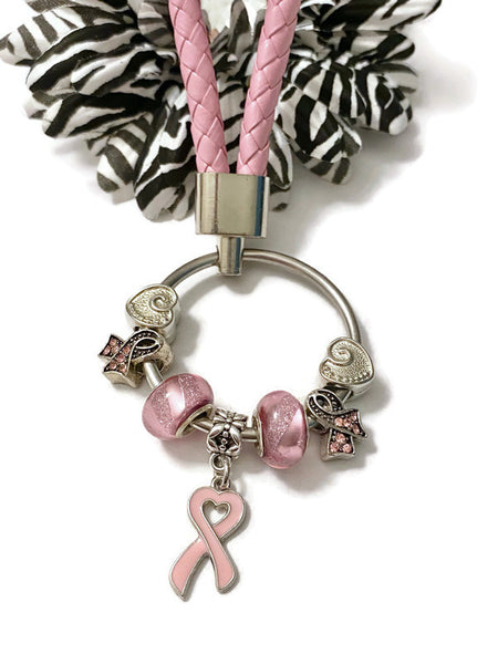 1 Pc Light Pink Awareness Bead Dangle Keychain Ring - Breast Cancer Awareness Hope Survivor Support Cure Keychain Gifts