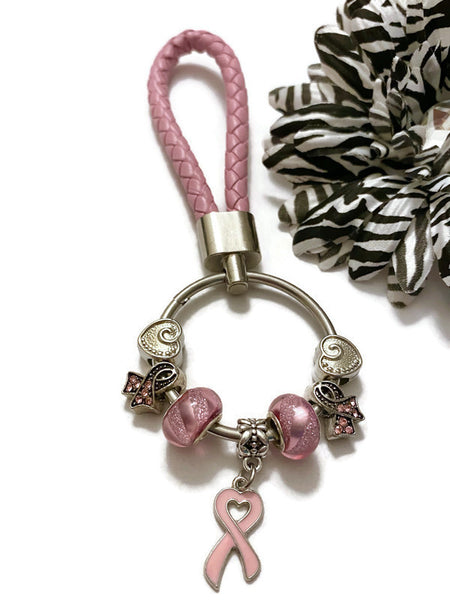 1 Pc Light Pink Awareness Bead Dangle Keychain Ring - Breast Cancer Awareness Hope Survivor Support Cure Keychain Gifts