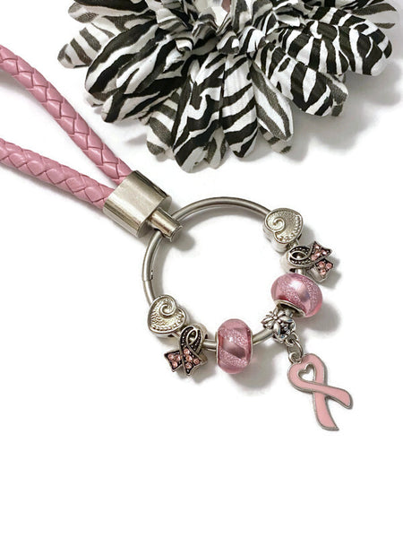 1 Pc Light Pink Awareness Bead Dangle Keychain Ring - Breast Cancer Awareness Hope Survivor Support Cure Keychain Gifts