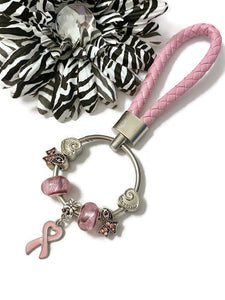 1 Pc Light Pink Awareness Bead Dangle Keychain Ring - Breast Cancer Awareness Hope Survivor Support Cure Keychain Gifts