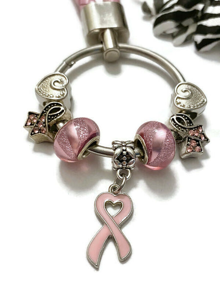 1 Pc Light Pink Awareness Bead Dangle Keychain Ring - Breast Cancer Awareness Hope Survivor Support Cure Keychain Gifts