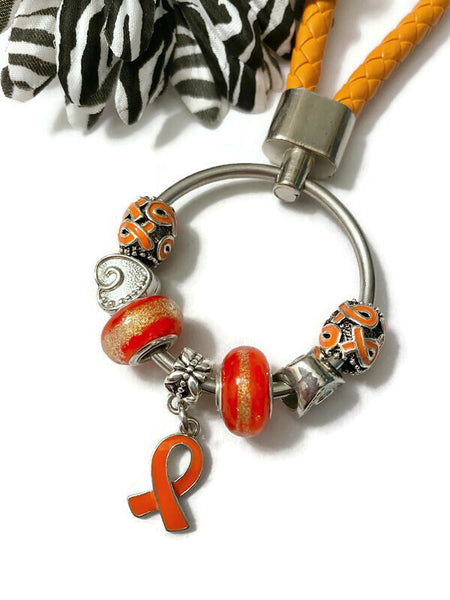 1Pc Orange & Gold Awareness Bead Dangle Keychain Rings- ADD ADHD COPD Diversity Self-Harm Multiple Sclerosis Gun Violence Animal Cruelty