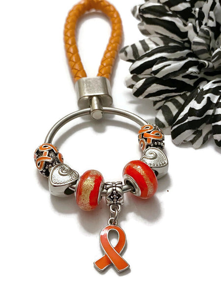 1Pc Orange & Gold Awareness Bead Dangle Keychain Rings- ADD ADHD COPD Diversity Self-Harm Multiple Sclerosis Gun Violence Animal Cruelty