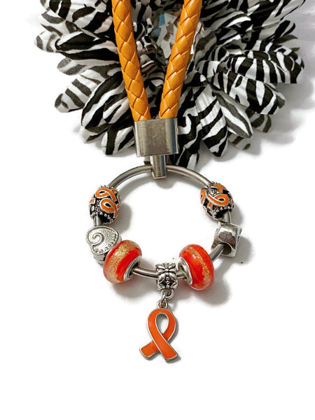 1Pc Orange & Gold Awareness Bead Dangle Keychain Rings- ADD ADHD COPD Diversity Self-Harm Multiple Sclerosis Gun Violence Animal Cruelty