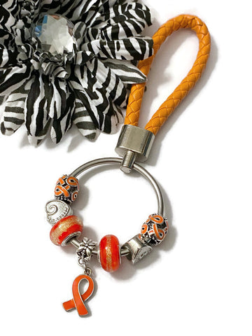 1Pc Orange & Gold Awareness Bead Dangle Keychain Rings- ADD ADHD COPD Diversity Self-Harm Multiple Sclerosis Gun Violence Animal Cruelty