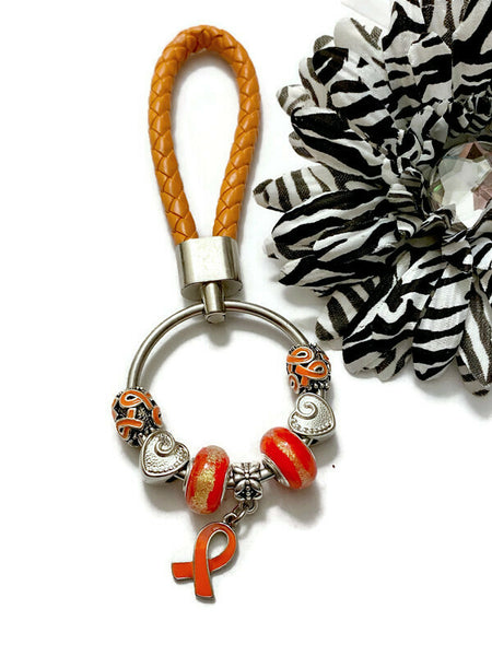 1Pc Orange & Gold Awareness Bead Dangle Keychain Rings- ADD ADHD COPD Diversity Self-Harm Multiple Sclerosis Gun Violence Animal Cruelty