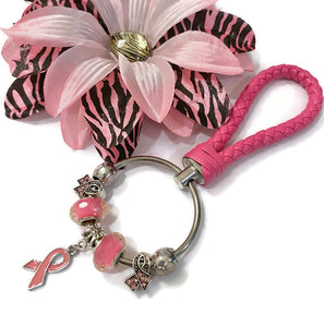 1Pc Pink Awareness Bead Dangle Keychain Ring - Pink Breast Cancer Awareness Survivor Hope Cure Support Jewelry Gifts