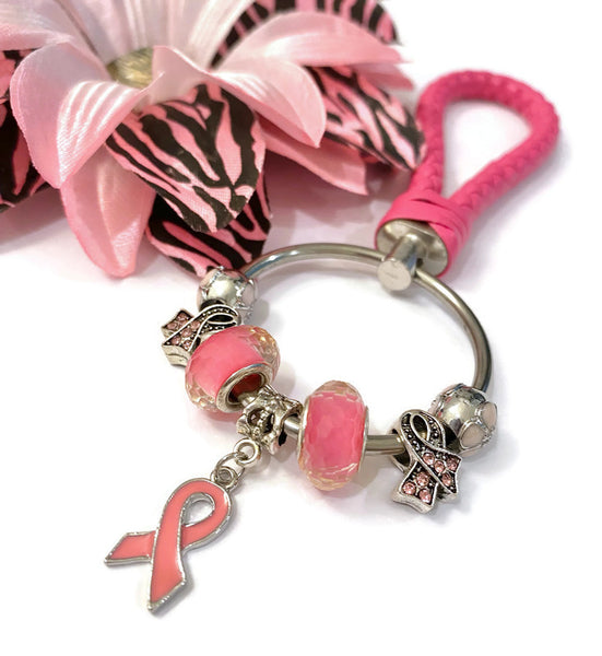 1Pc Pink Awareness Bead Dangle Keychain Ring - Pink Breast Cancer Awareness Survivor Hope Cure Support Jewelry Gifts