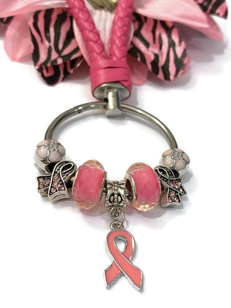 1Pc Pink Awareness Bead Dangle Keychain Ring - Pink Breast Cancer Awareness Survivor Hope Cure Support Jewelry Gifts