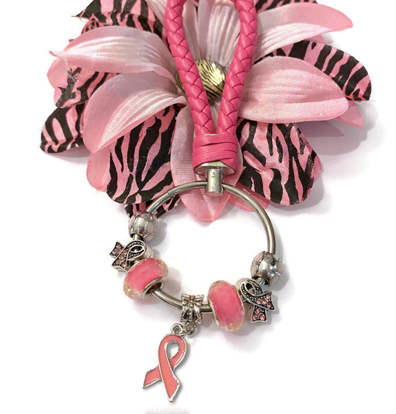 1Pc Pink Awareness Bead Dangle Keychain Ring - Pink Breast Cancer Awareness Survivor Hope Cure Support Jewelry Gifts