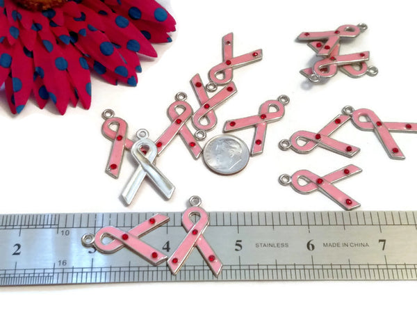 SALE Pink Enamel & Crystal Awareness Ribbon Pendants - 7 Pcs