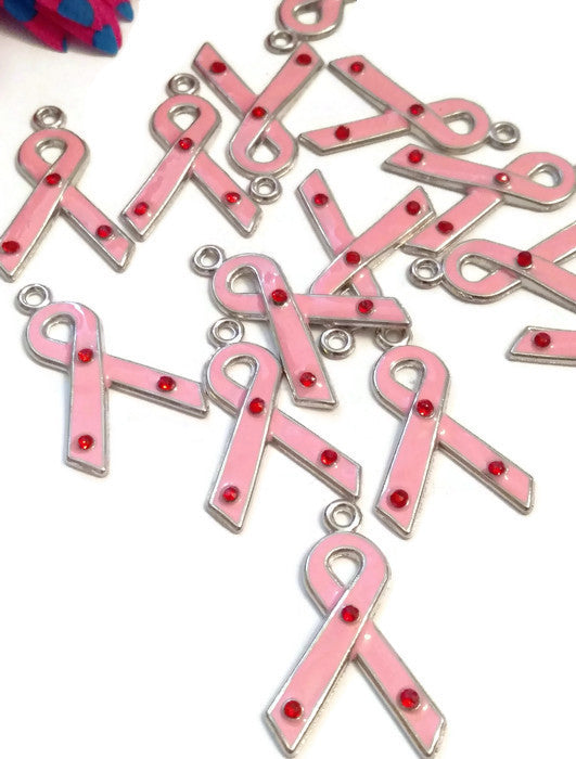 SALE Pink Enamel & Crystal Awareness Ribbon Pendants - 7 Pcs