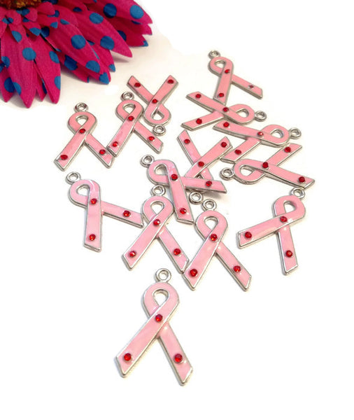 SALE Pink Enamel & Crystal Awareness Ribbon Pendants - 7 Pcs