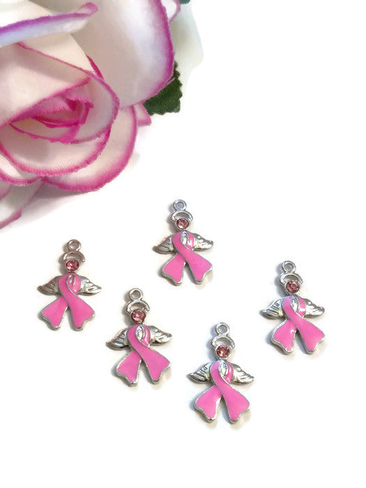 Pink Enamel Angel Awareness Ribbon Pendant Charms - Hope Breast Cancer Jewelry Survivor Support Save the Tatas Cure Fight Crystal Wing Charm