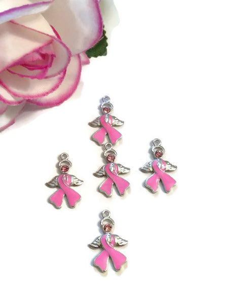 Pink Enamel Angel Awareness Ribbon Pendant Charms - Hope Breast Cancer Jewelry Survivor Support Save the Tatas Cure Fight Crystal Wing Charm