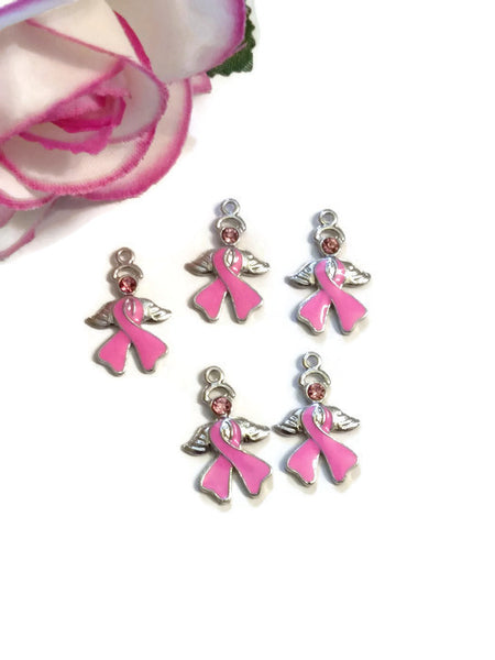 Pink Enamel Angel Awareness Ribbon Pendant Charms - Hope Breast Cancer Jewelry Survivor Support Save the Tatas Cure Fight Crystal Wing Charm