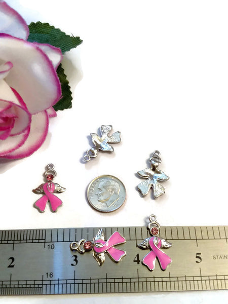 Pink Enamel Angel Awareness Ribbon Pendant Charms - Hope Breast Cancer Jewelry Survivor Support Save the Tatas Cure Fight Crystal Wing Charm