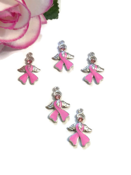 Pink Enamel Angel Awareness Ribbon Pendant Charms - Hope Breast Cancer Jewelry Survivor Support Save the Tatas Cure Fight Crystal Wing Charm