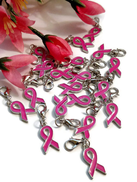 Pink Enamel Dangle Awareness Ribbon Pendant Charms - Hope Breast Cancer Survivor Jewelry Support Fight Cure Save the Tatas Pink Awareness