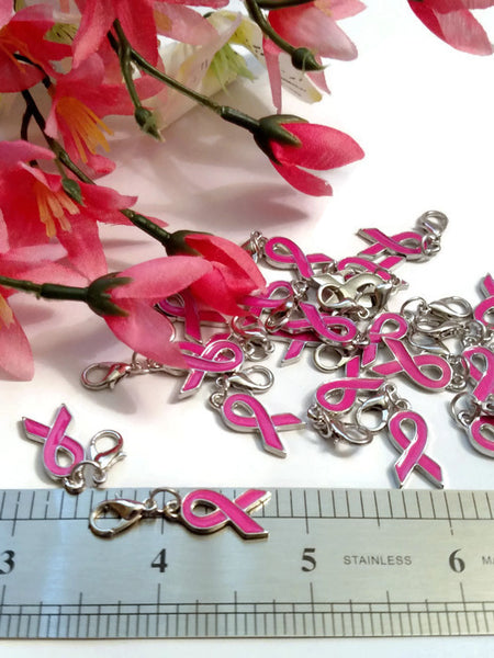 Pink Enamel Dangle Awareness Ribbon Pendant Charms - Hope Breast Cancer Survivor Jewelry Support Fight Cure Save the Tatas Pink Awareness