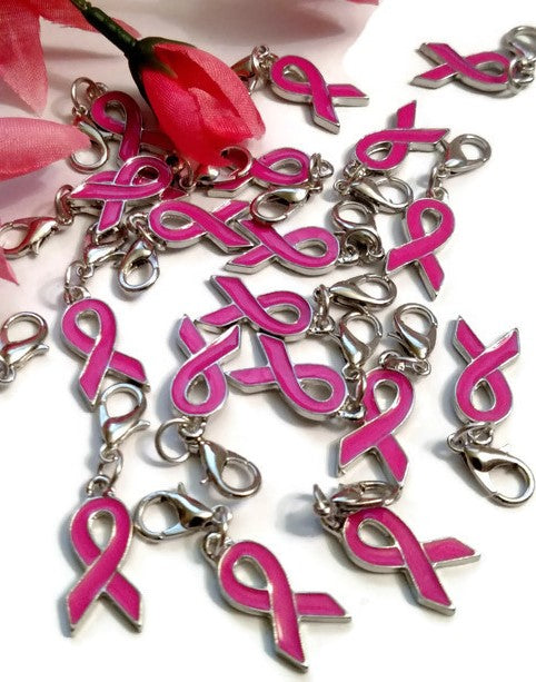 Pink Enamel Dangle Awareness Ribbon Pendant Charms - Hope Breast Cancer Survivor Jewelry Support Fight Cure Save the Tatas Pink Awareness